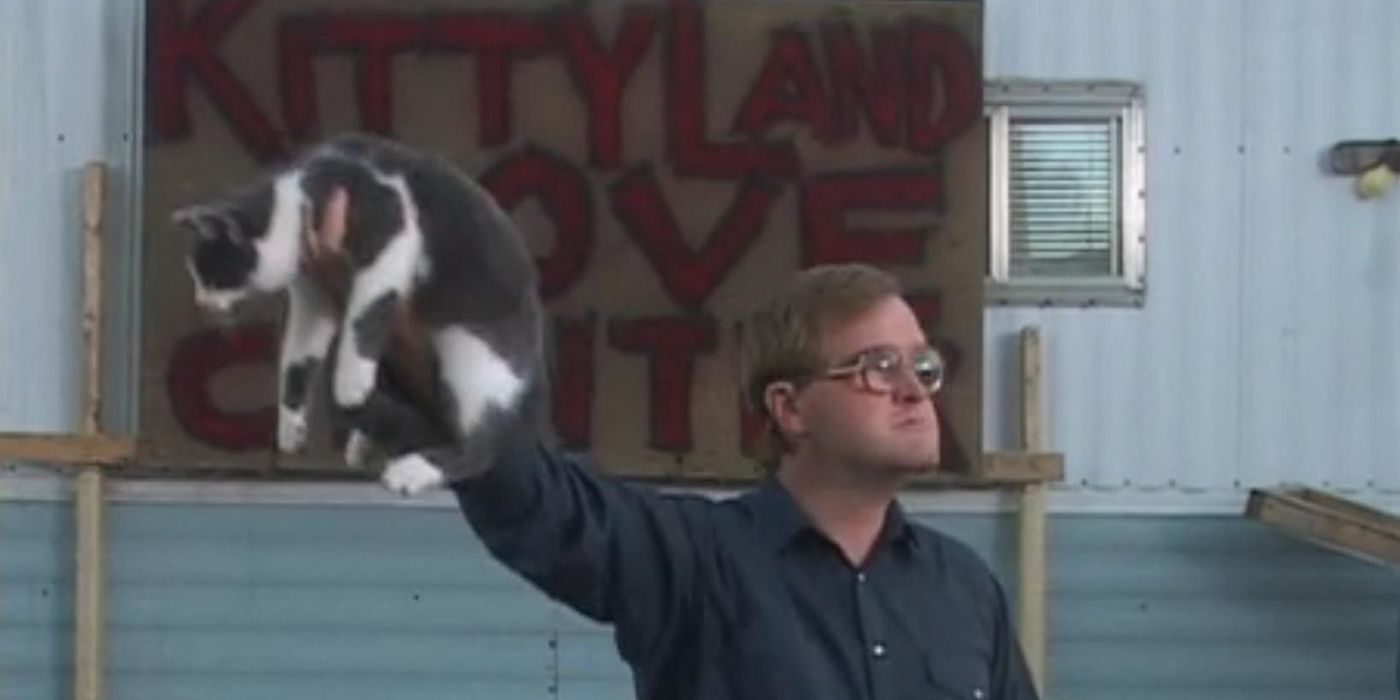 Bubbles holding up a cat in Trailer Park Boys