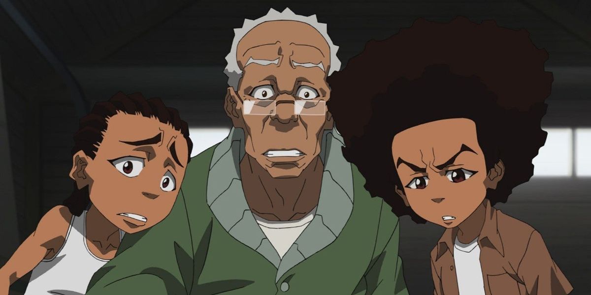 A man and two boys look on in concern from The Boondocks