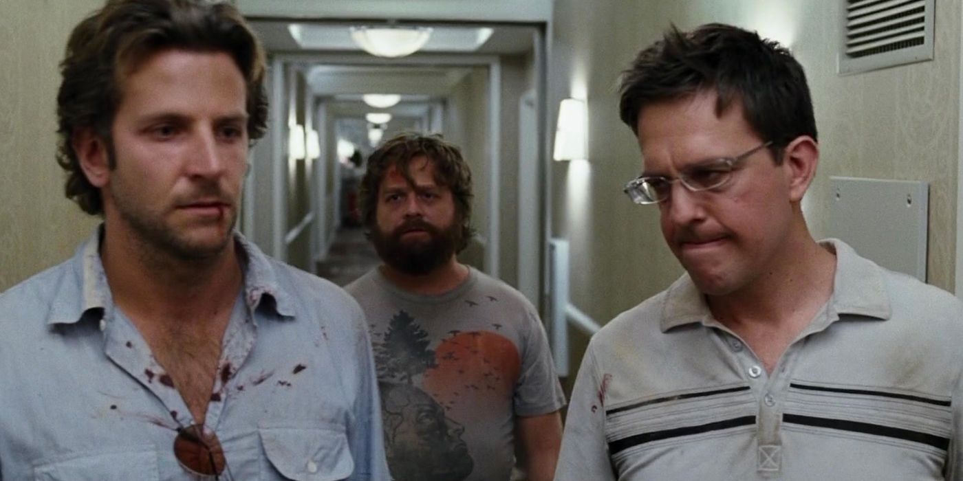 Stu, Alan, and Phil in a hallway in The Hangover