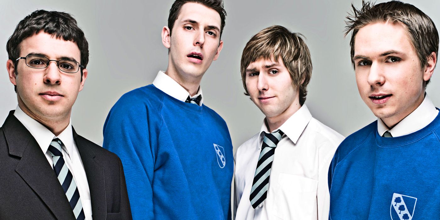 An image of Will, Neil, Simon, and Jay smiling in The Inbetweeners