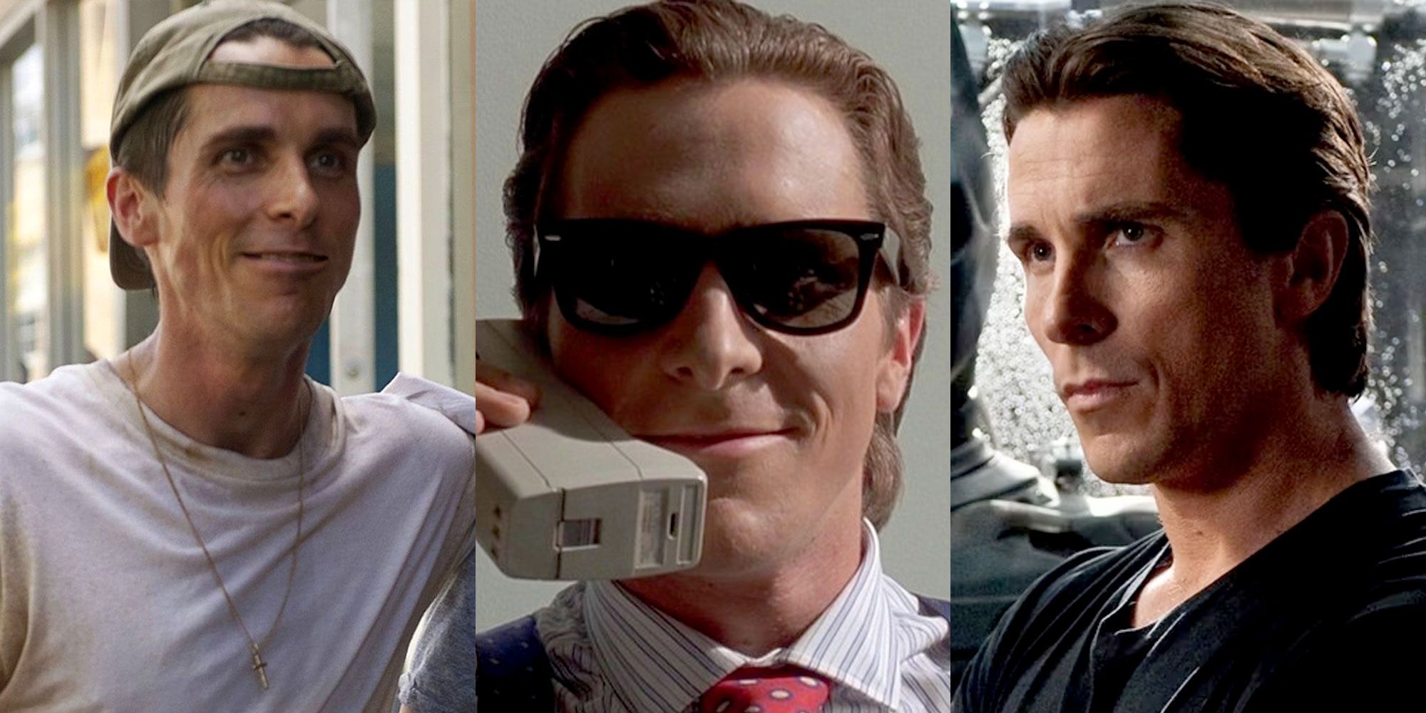 A split image features Christian Bale as characters in The Fighter, American Psycho, and Batman Begins