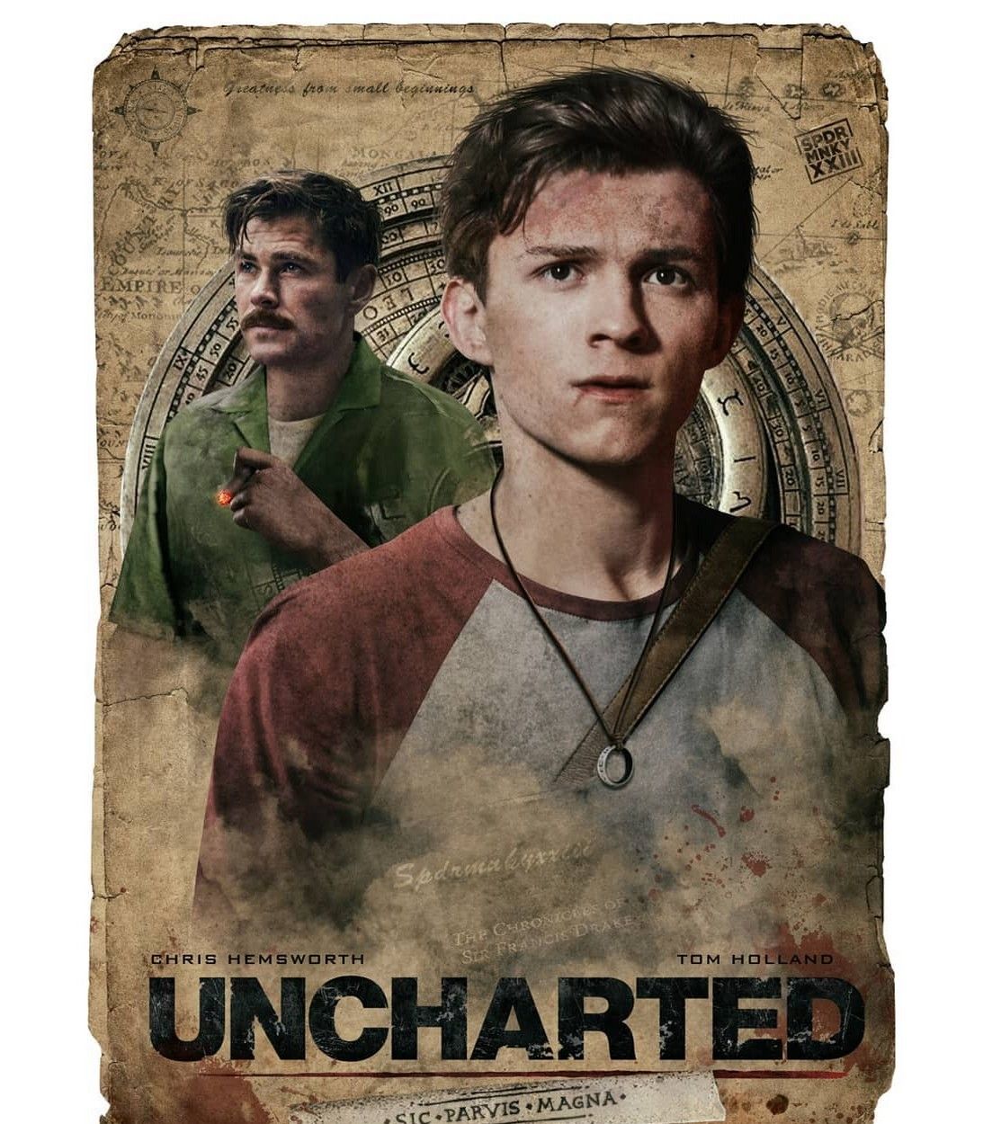 Uncharted Chris Hemsworth as Sully Fan poster with Tom Holland as Nathan Drake