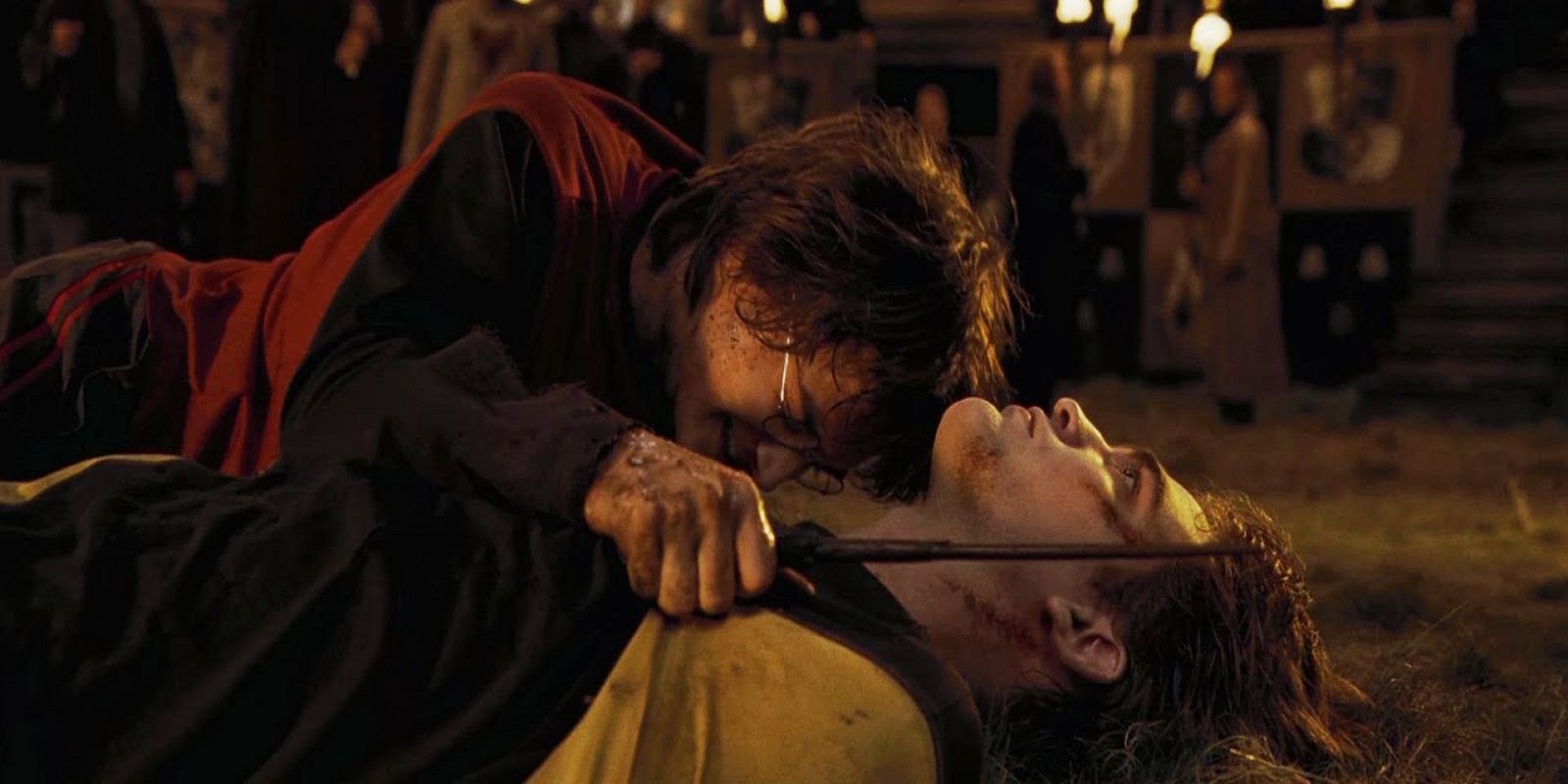 Harry crying on Cedric's body in Harry Potter