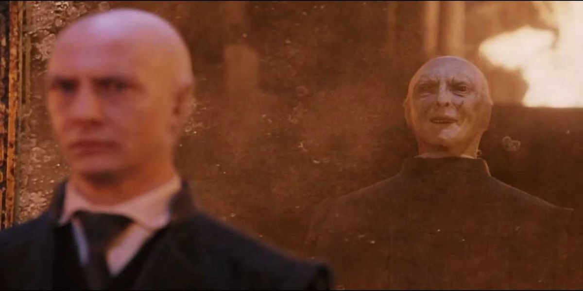 Quirrell with Voldemort's head on the back of his head.