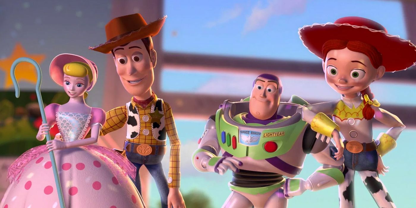 Woody Bo Peep Buzz and Jessie posing by the window in Toy Story 2