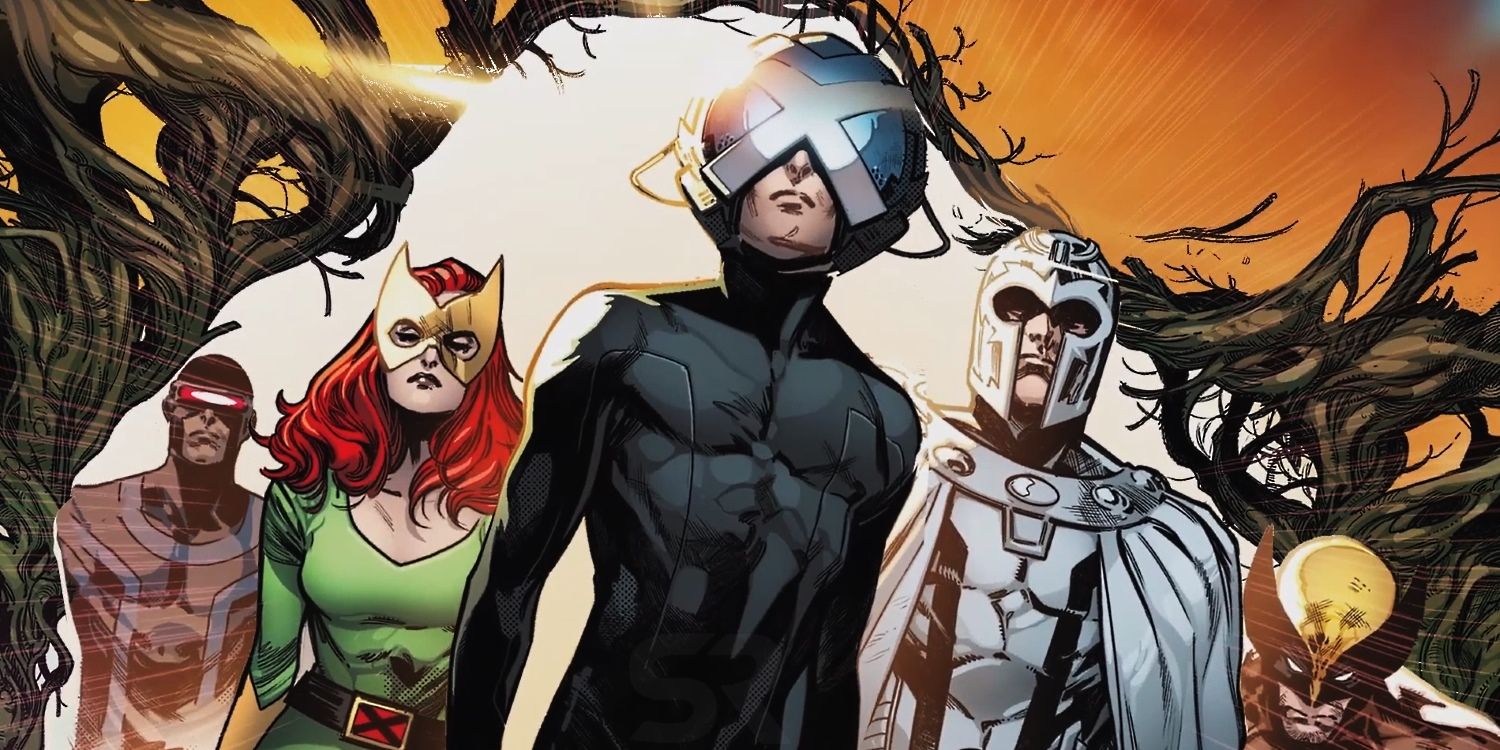 The X-Men stand as the sun shines behind them in a Marvel comic book.