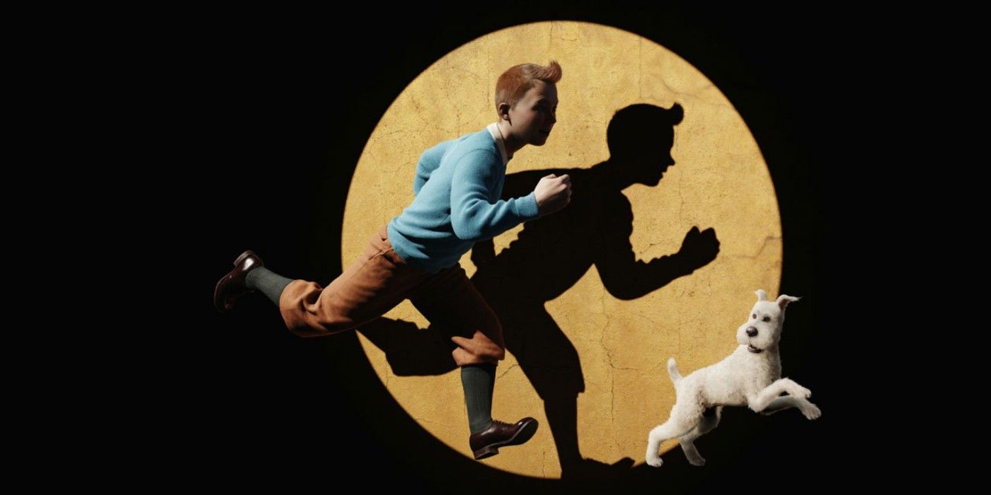 Tintin running through a spotlight