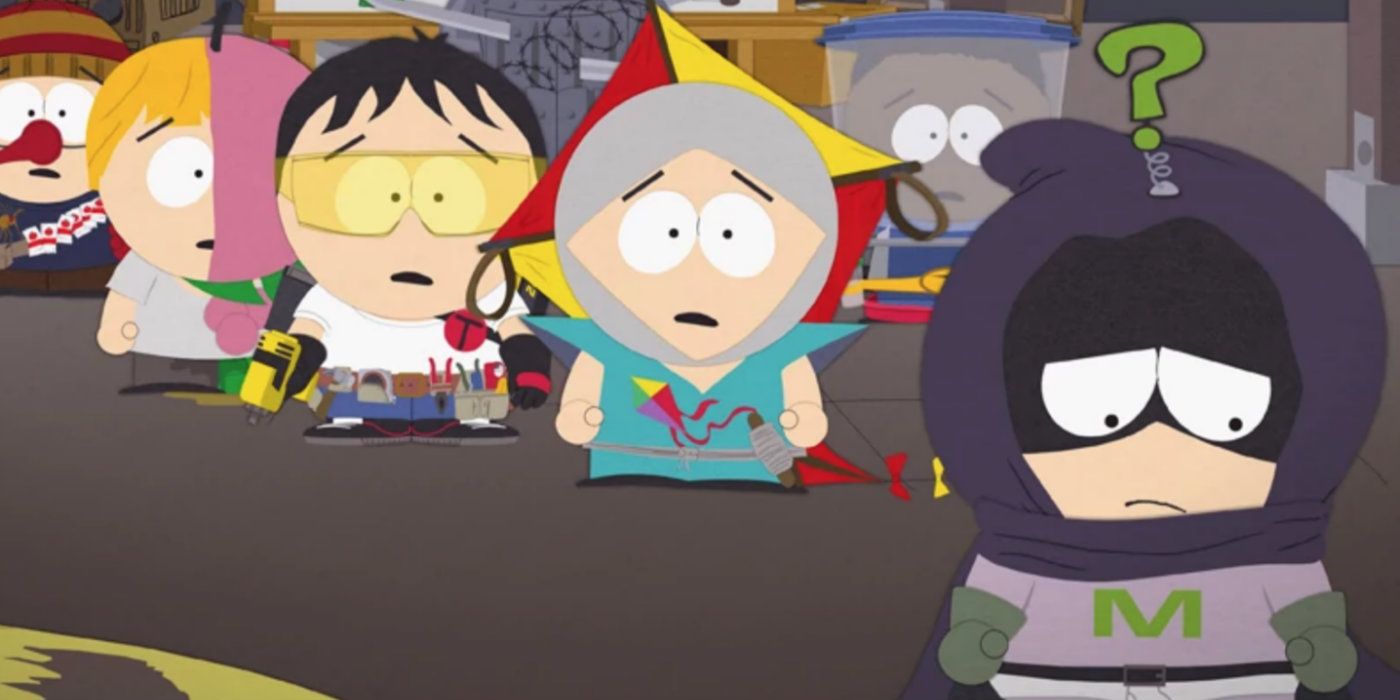 Mysterion looking sad with the rest of the superheroes