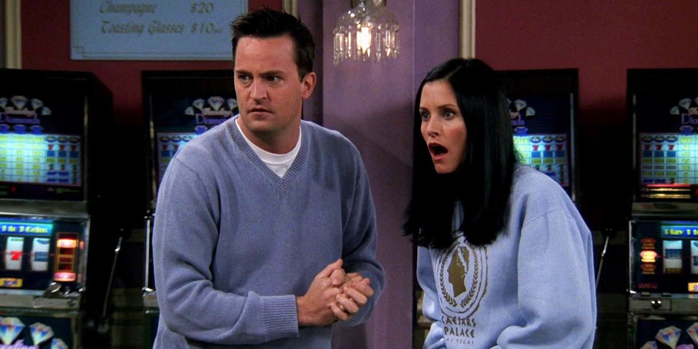 Monica and Chandler looking shocked inside a Vegas chapel in Friends