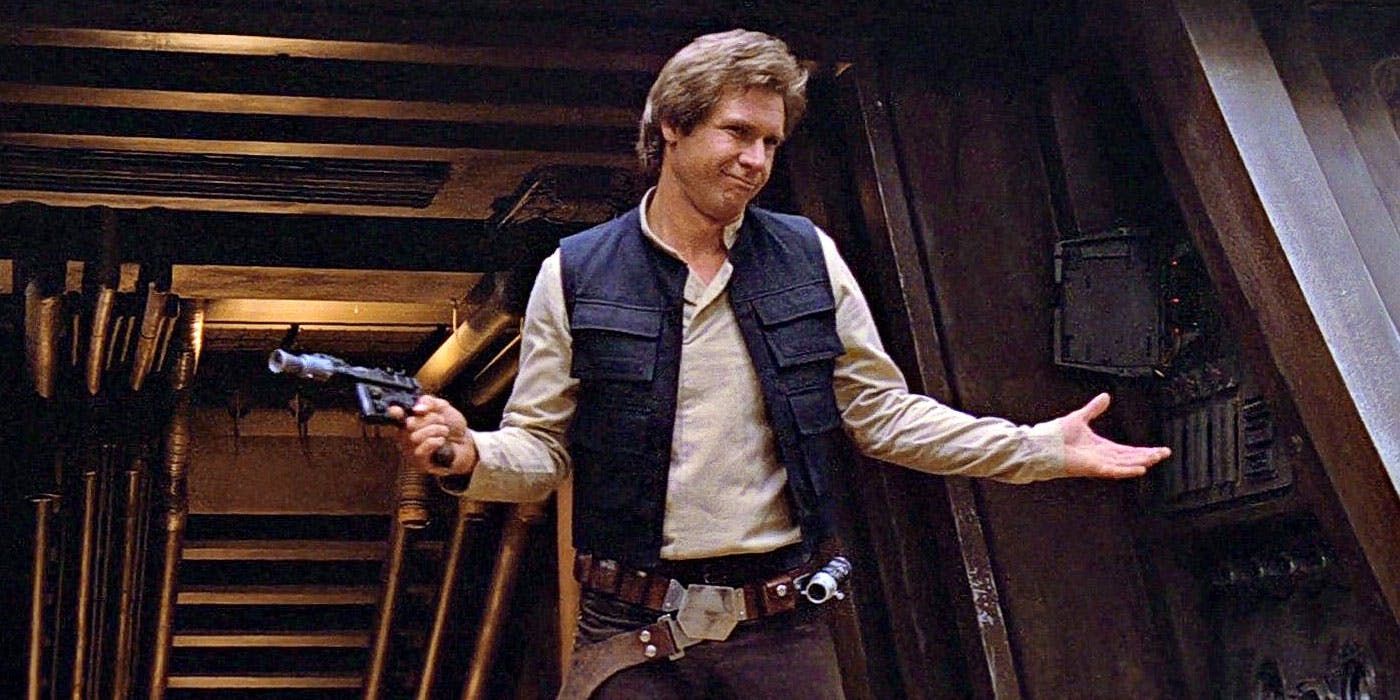Star Wars's Han Solo shrugs with his blaster in hand
