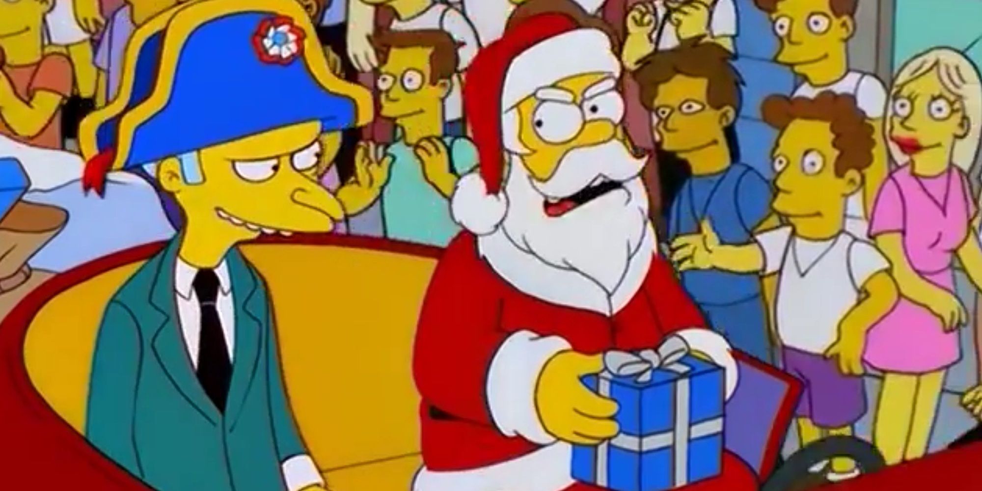 Homer sits next to Mr. Burns dressed as Santa Claus in The Simpsons