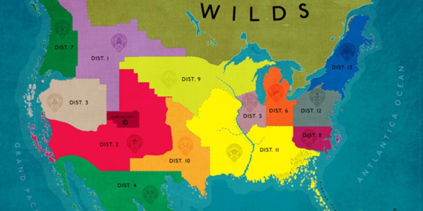 The districts of Panem on a map in the Hunger Games franchise.