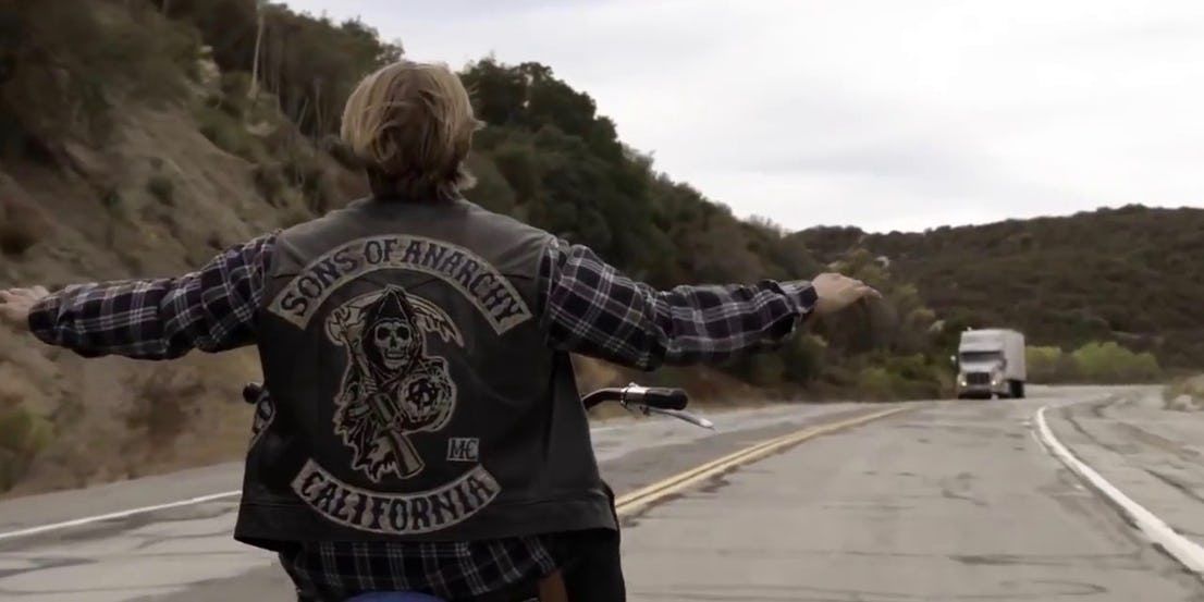 Jax on his motorcycle with arms open in Sons of Anarchy