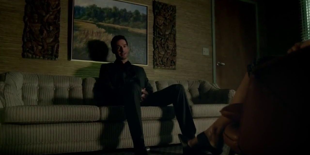 Lucifer sitting on couch in Linda's office