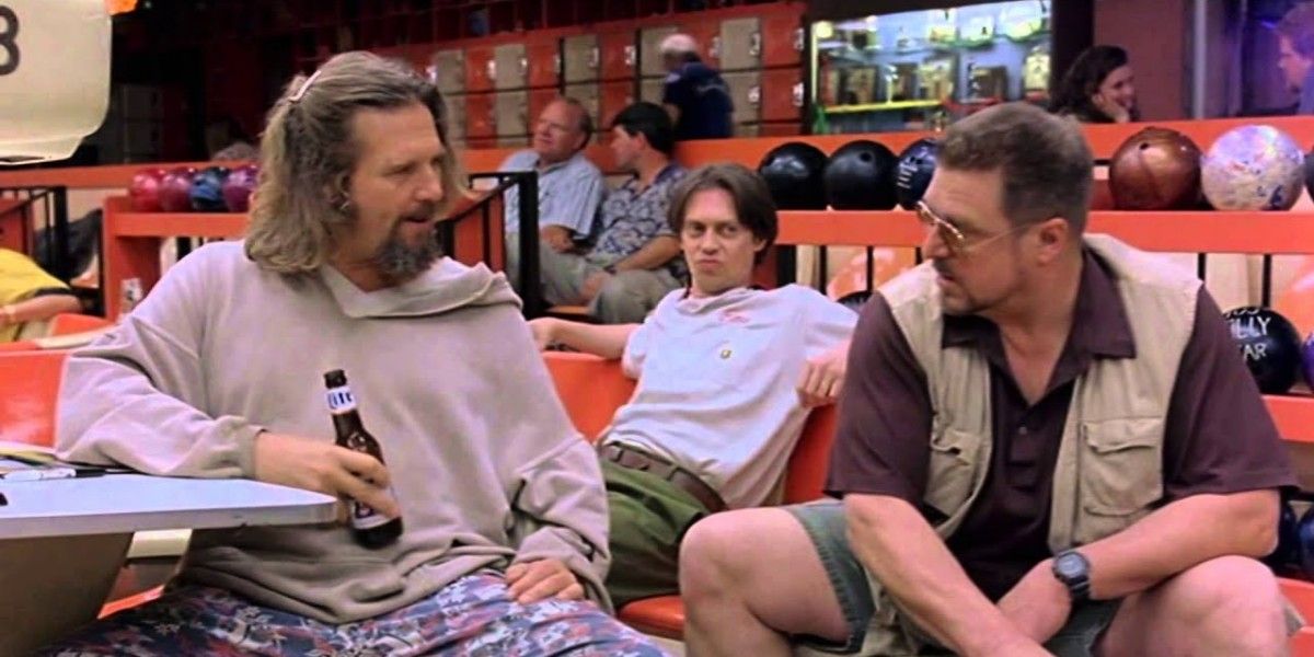 The Dude questioning Walter about bringing his Pomeranian bowling while Donny looks on in The Big Lebowski