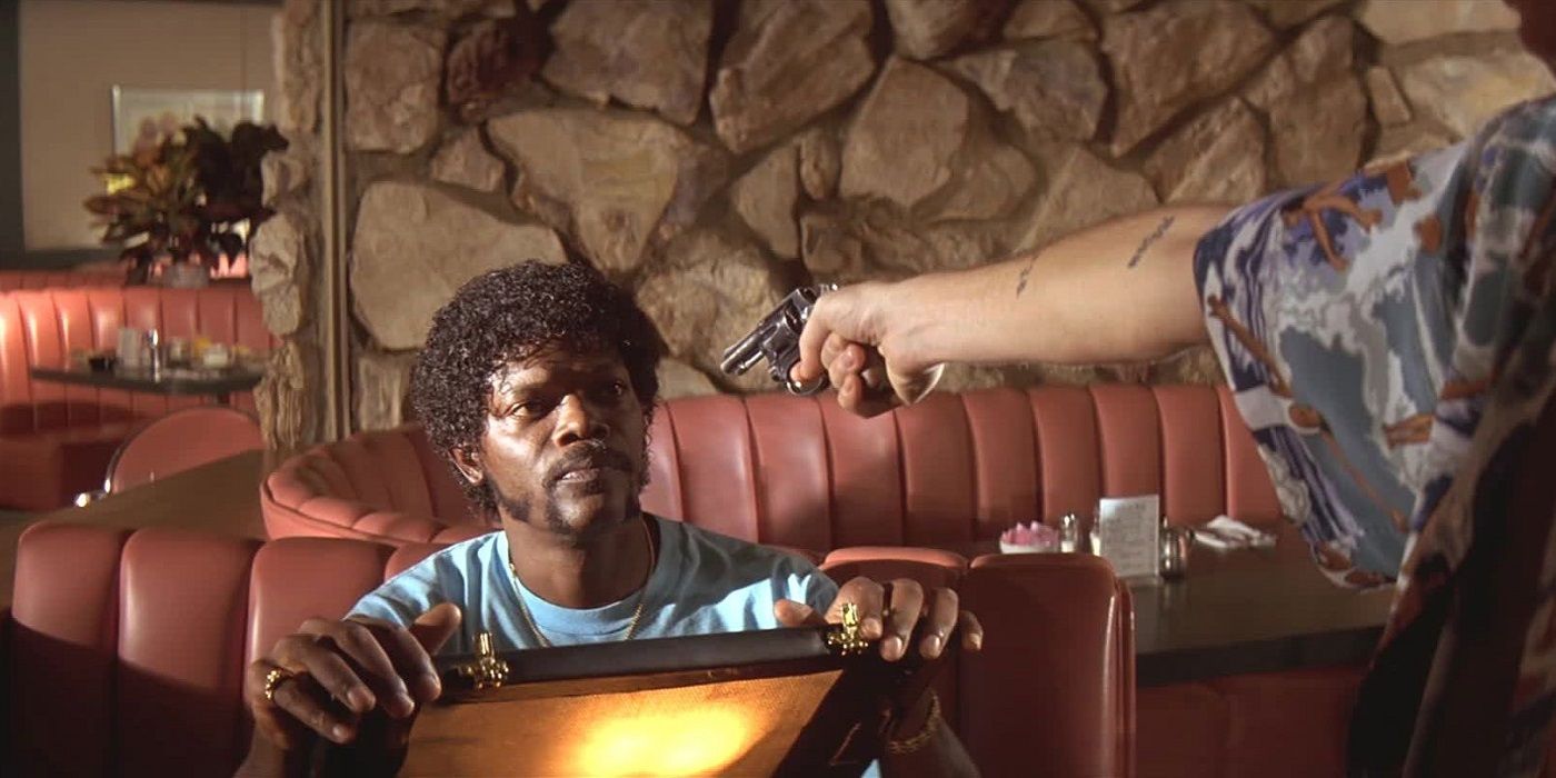 Jules opening a briefcase as someone points a gun at him in Pulp Fiction.