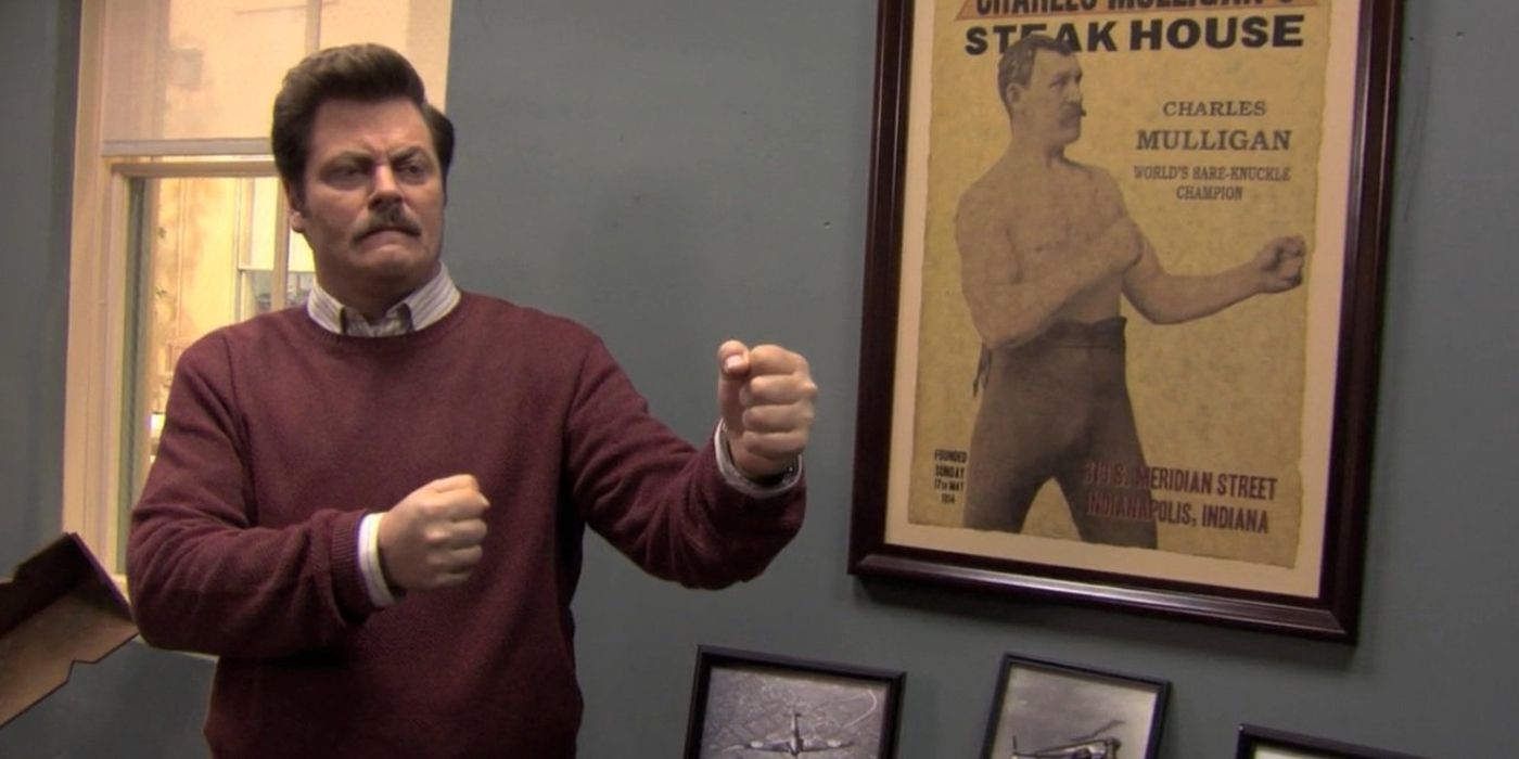 Ron mirroring the pose of his boxing poster in Parks and Rec