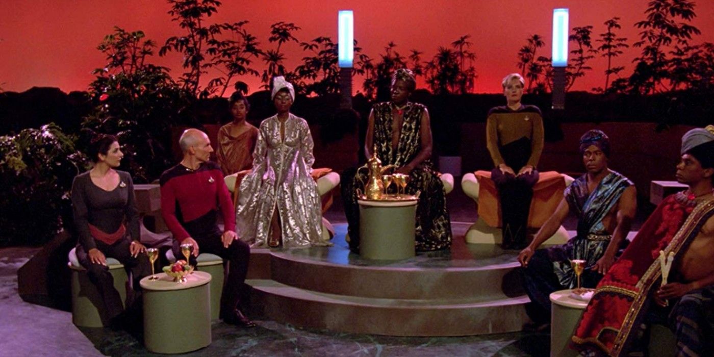 The away team and Ligonian monarch in Star Trek TNG.