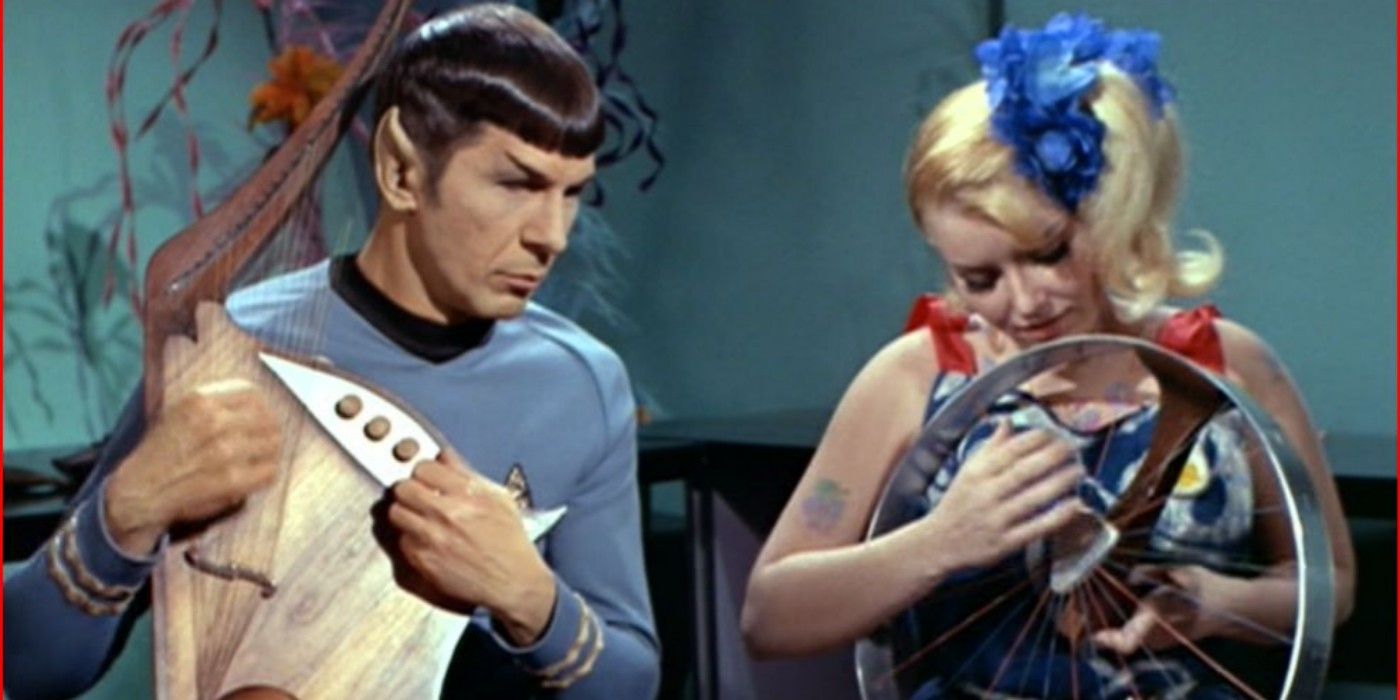Spock playing an instrument with a space hippie in Star Trek TOS.
