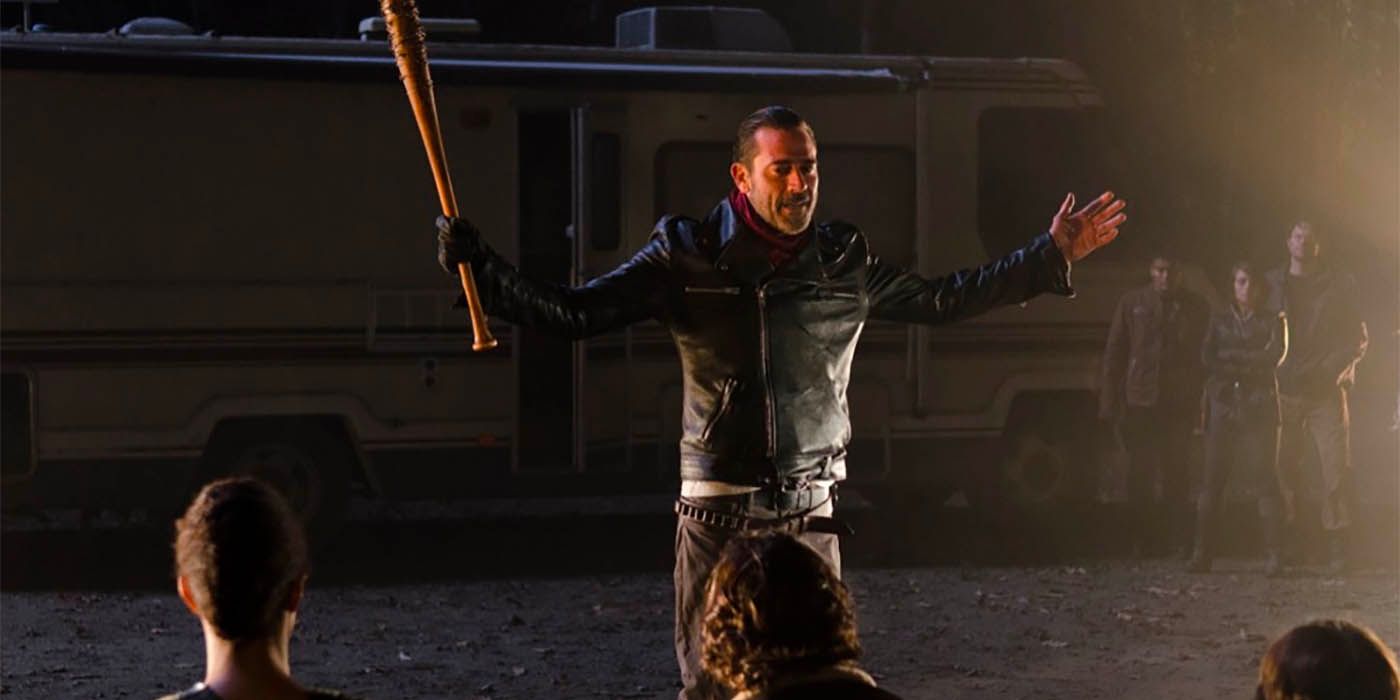 Negan threatens everyone with a bat in The Walking Dead