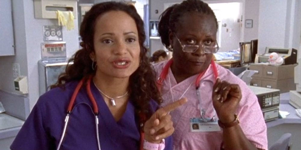 Carla and Laverne talking to someone off camera in Scrubs