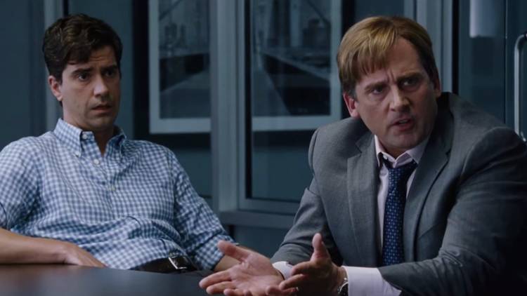 Steve Carrell as Mark Baum looks angry in The Big Short