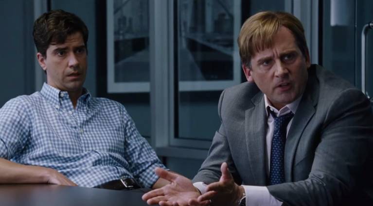 Steve Carrell as Mark Baum looks angry in The Big Short