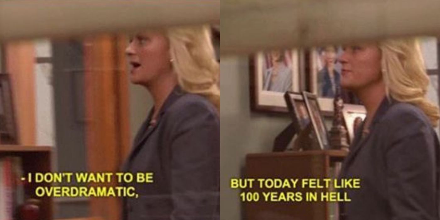 A split image of Leslie comparing her day to Hell on Parks and Rec