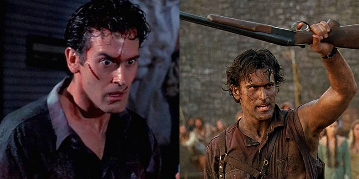 A split screen image of Ash from Evil Dead movies.