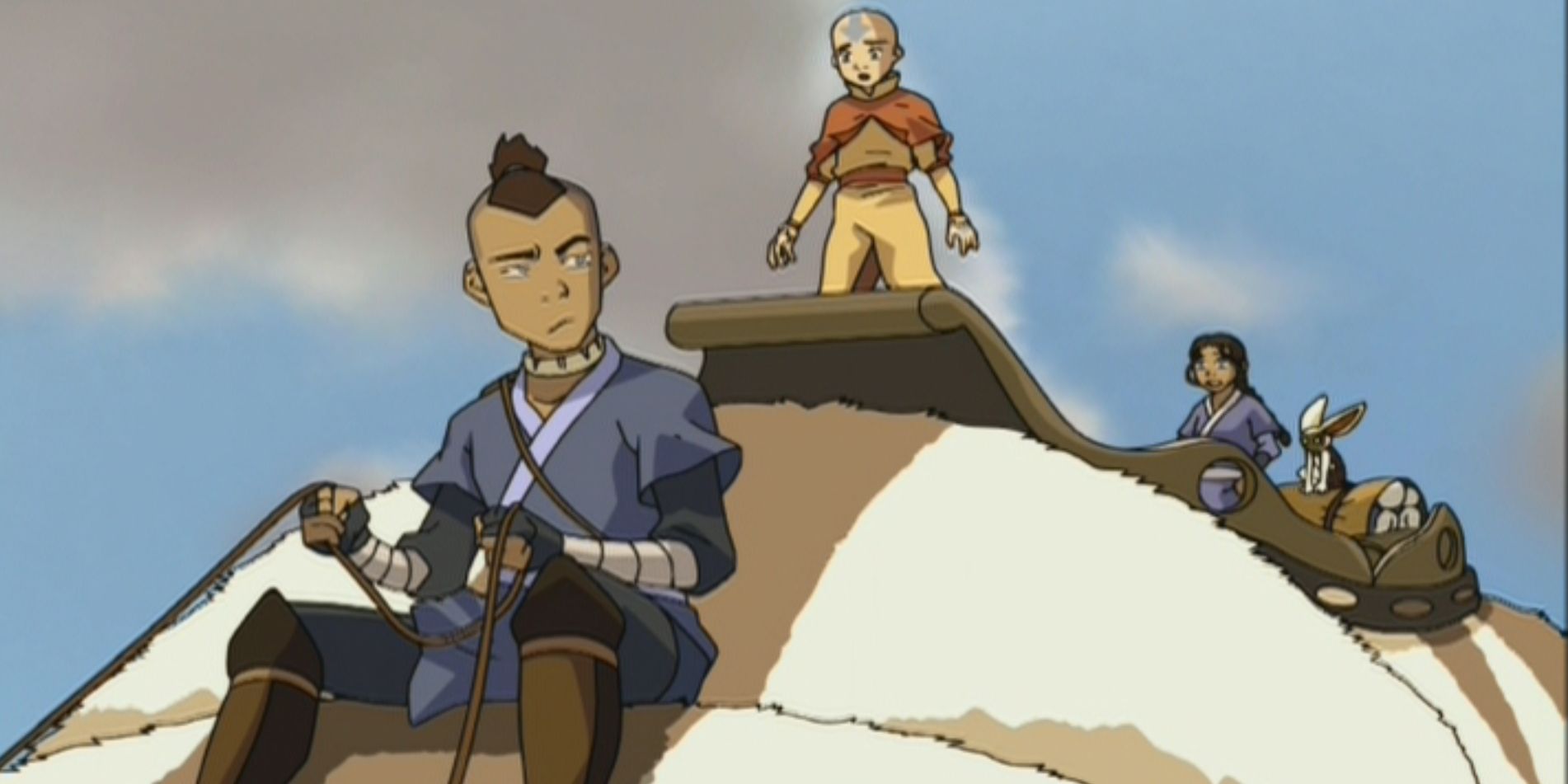 Aang Sokka and Katara riding Appa