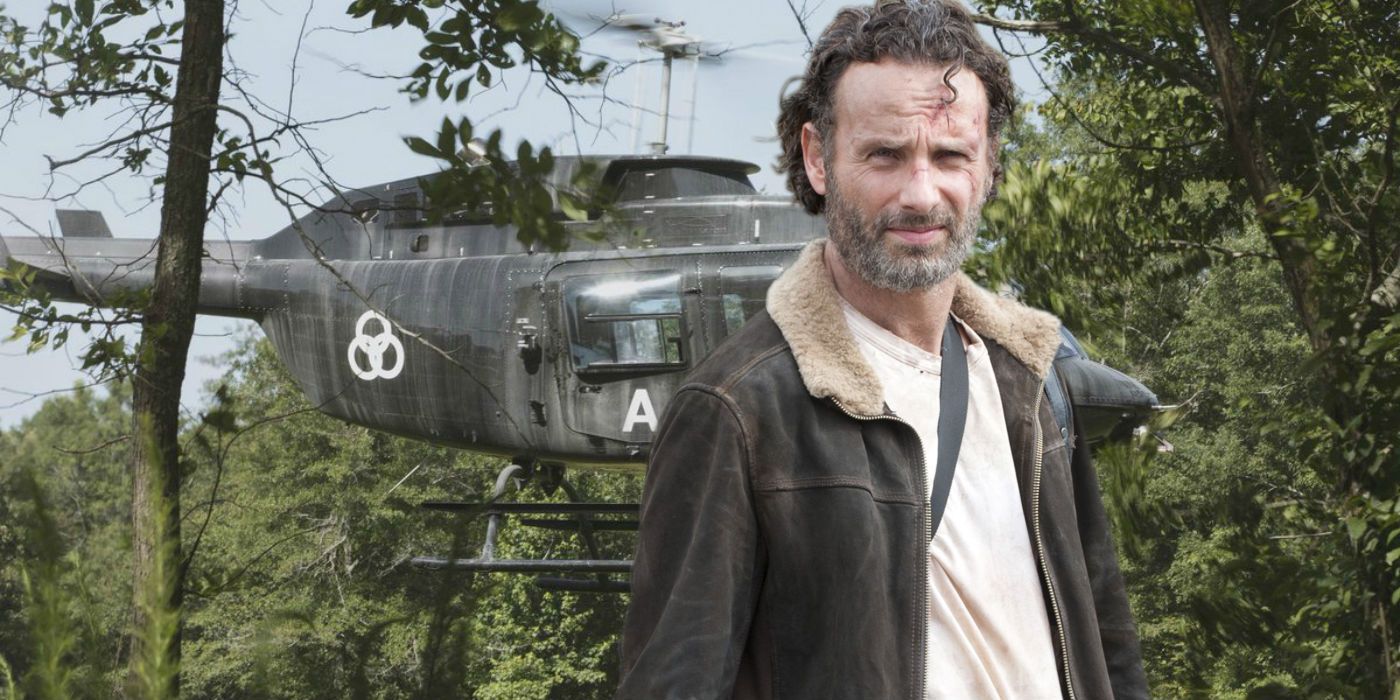 Andrew Lincoln as Rick Grimes in The Walking Dead helicopter