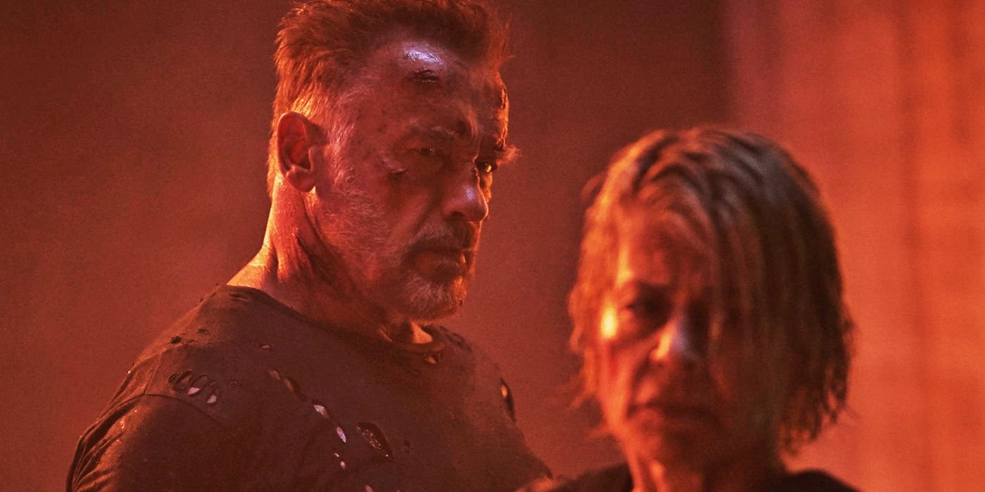 Arnold Schwarzenegger as Carl and Linda Hamilton as Sarah Connor in Terminator Dark Fate