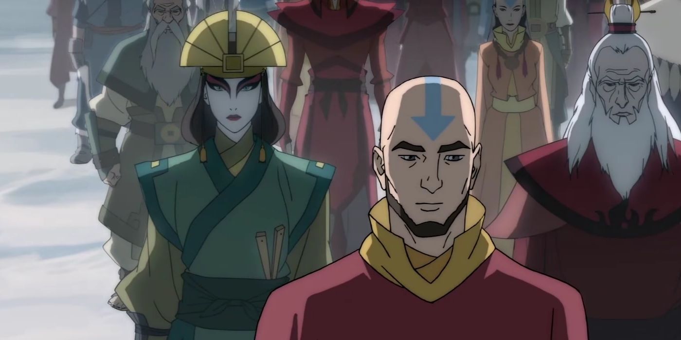 Kyoshi e Aang em pé com um exército em The Legend of Korra.
