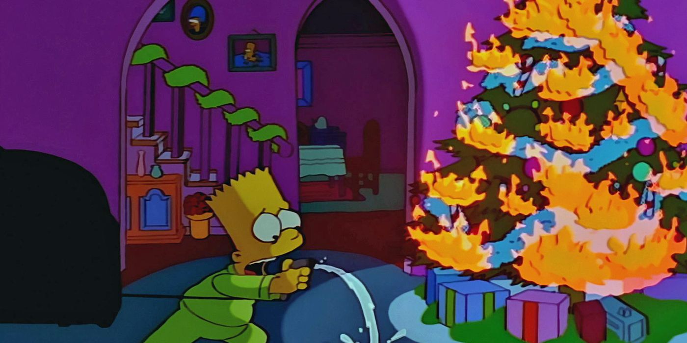 Bart tenta apagar a árvore de Natal em chamas em Os Simpsons