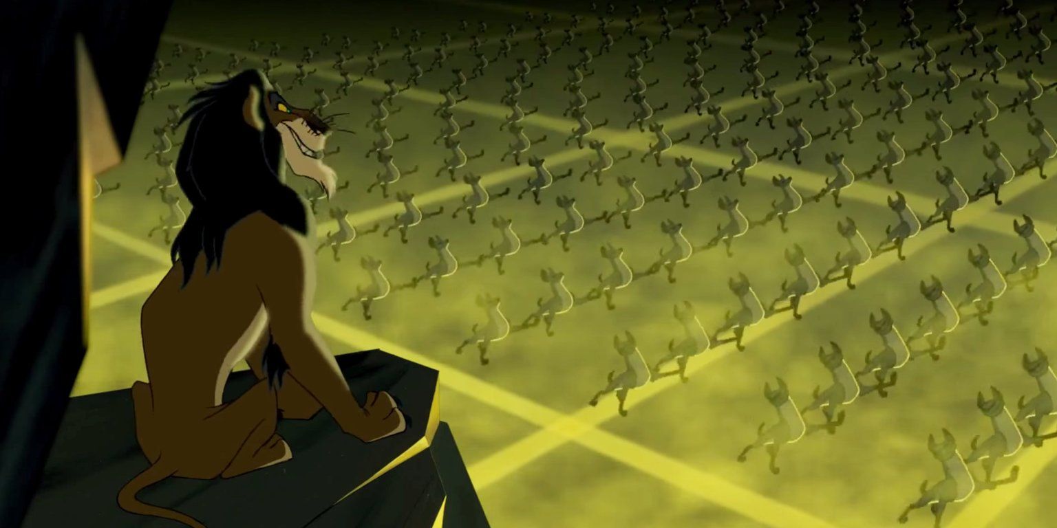 Scar looking at a group og hyenas marching in The Lion King