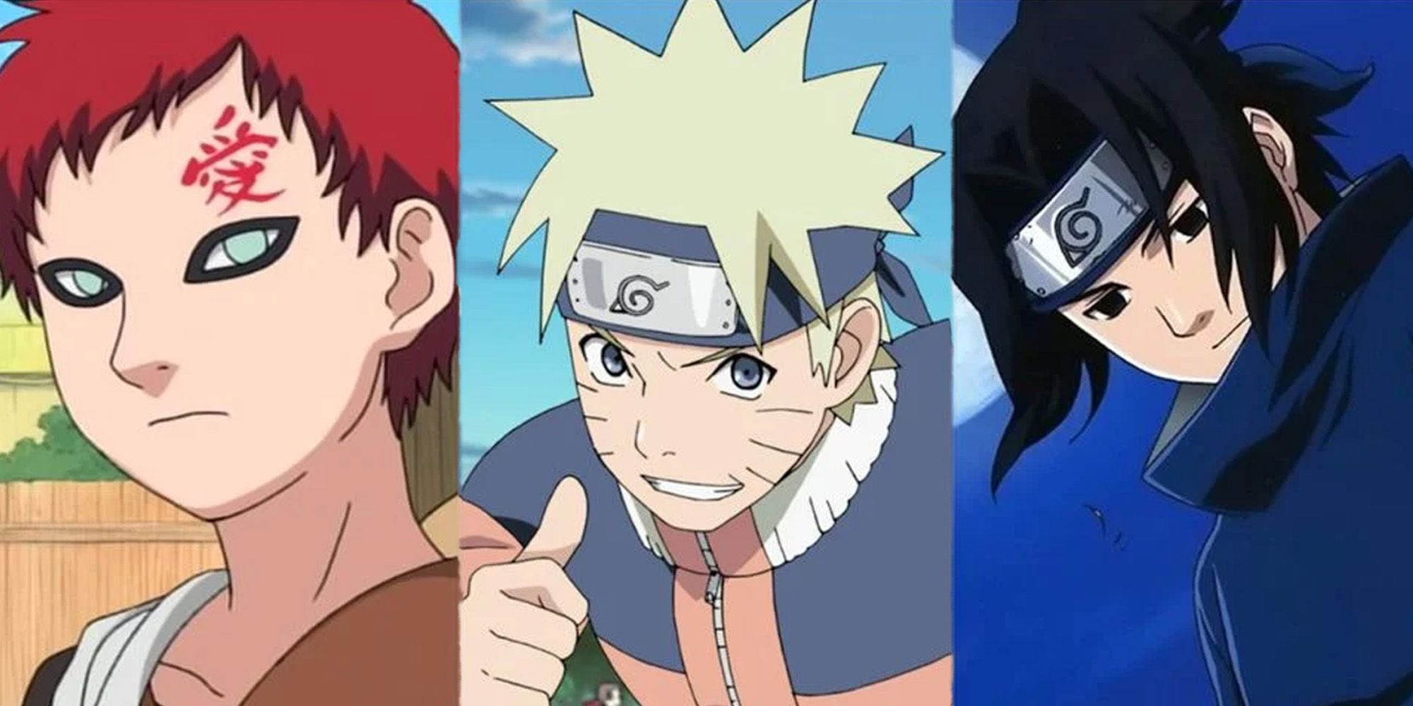 A split image defatures Gaara, Naruto, and Sasuke in Naruto