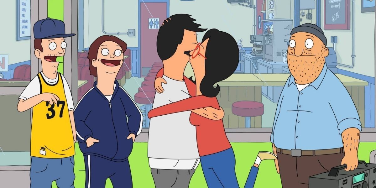 Bob kissing Linda outside the store in Bob&rsquo;s Burgers