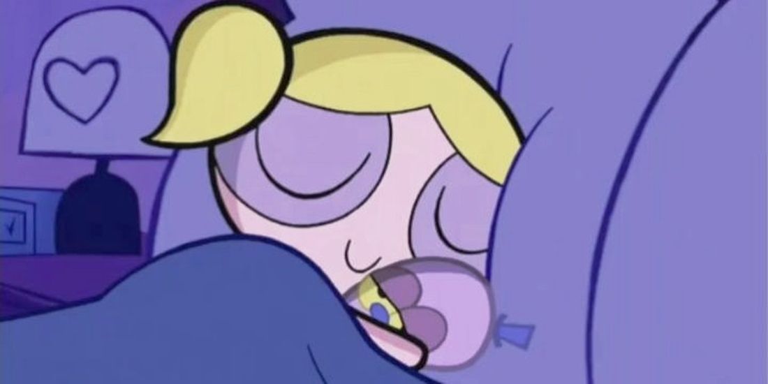 Bubbles sleeping in an episode of the original run of The Powerpuff Girls cartoon series.