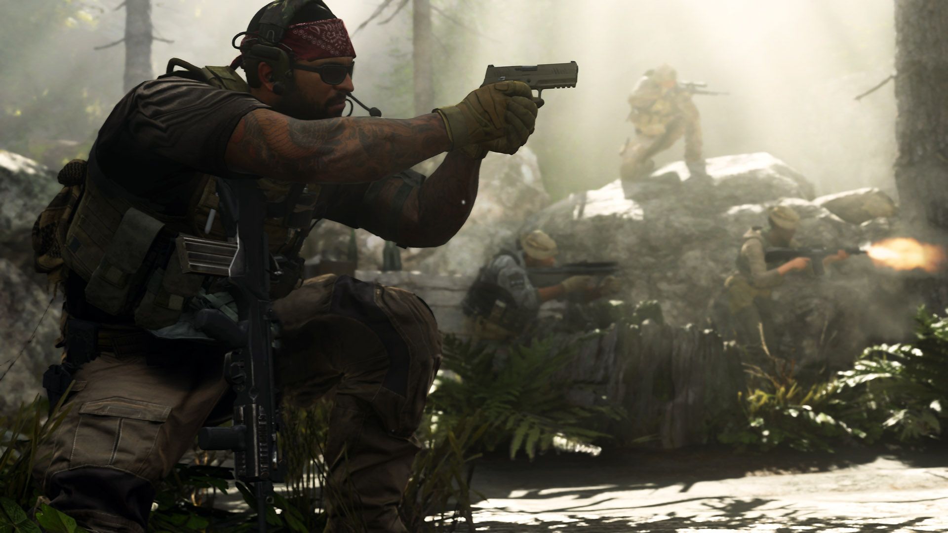 Call of Duty Modern Warfare (2019) soldier wielding a sidearm in the woods