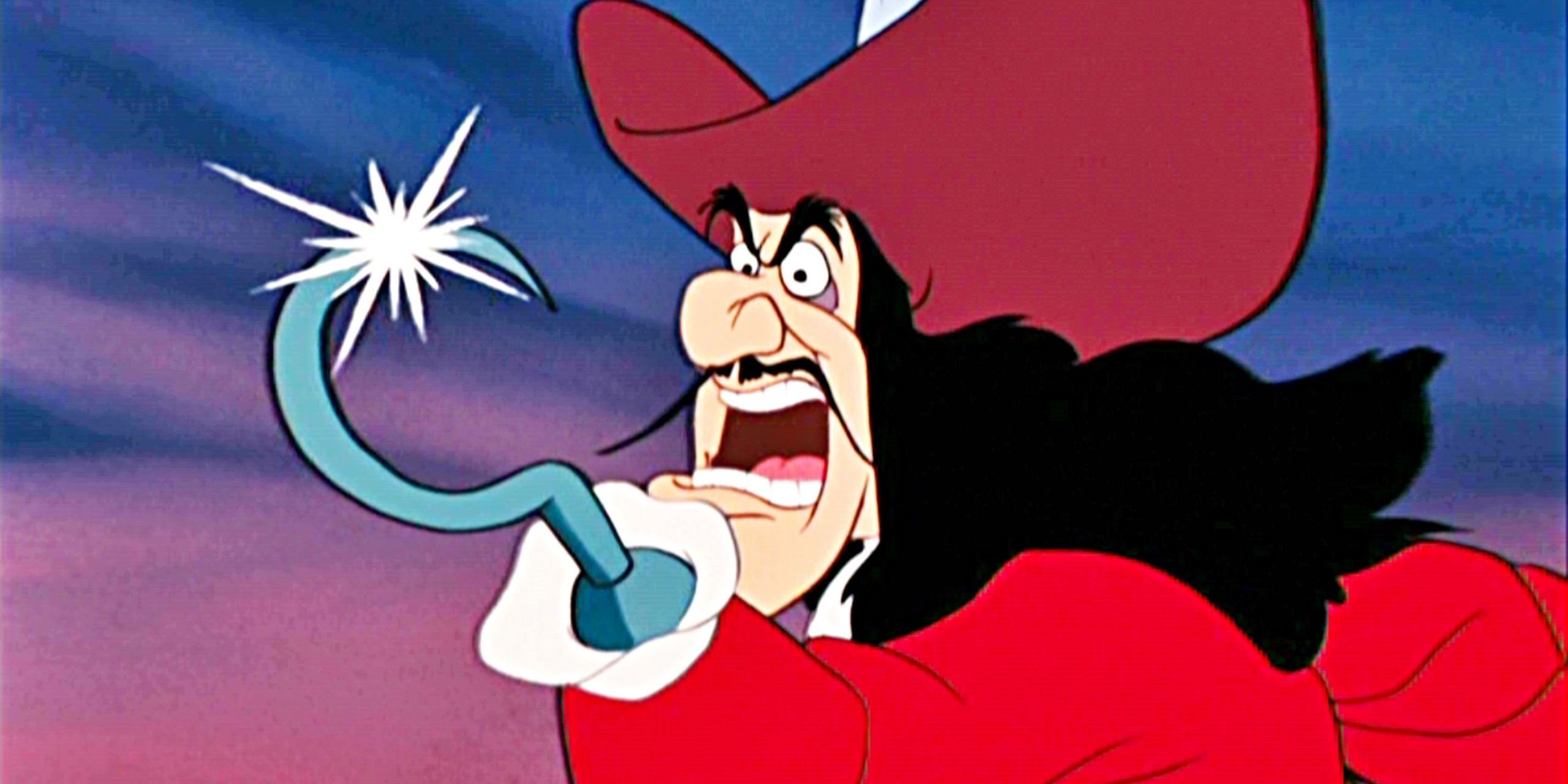 Captain Hook holding up his hook in Peter Pan.