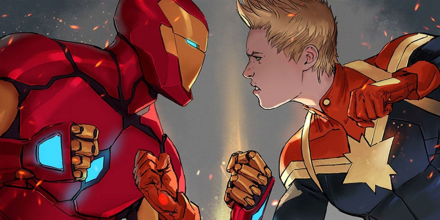 Iron Man and Captain Marvel face off in panel from Civil War II comic book.