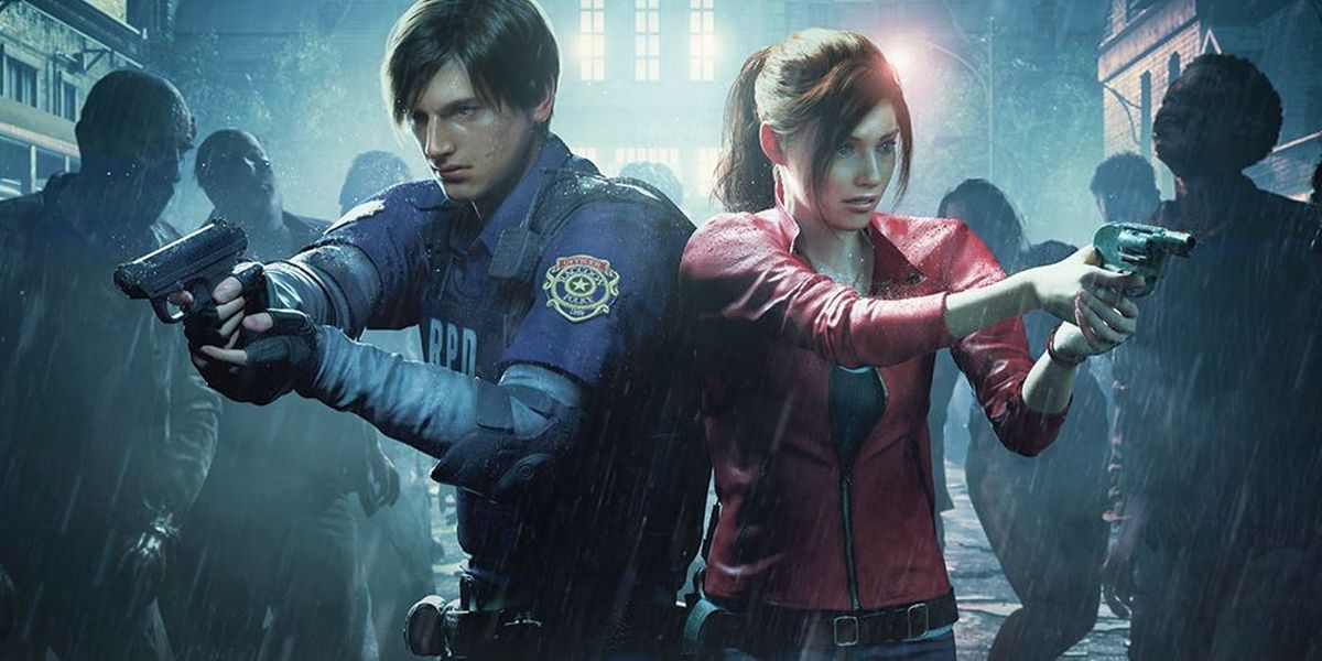 Leon Kennedy and Claire Redfield surrounded by zombies