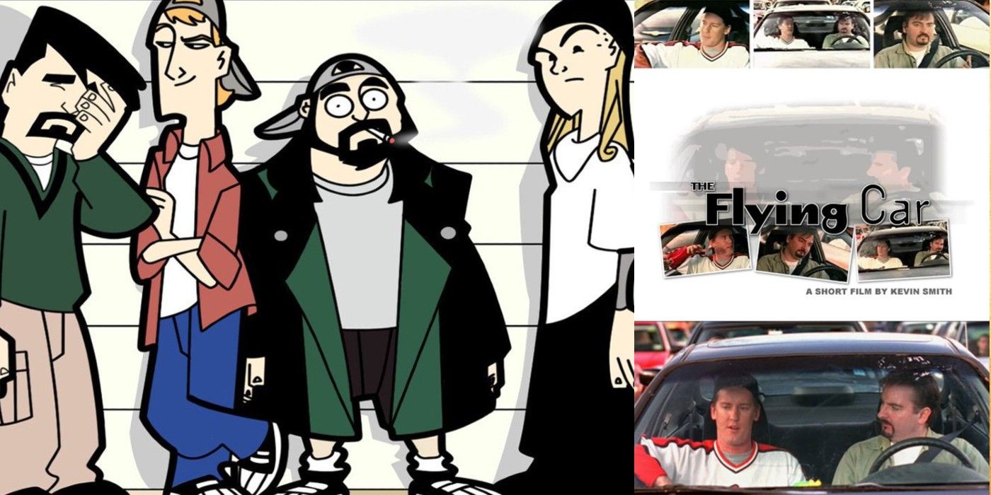 Split image of characters from the Clerks animated show and The Flying Car