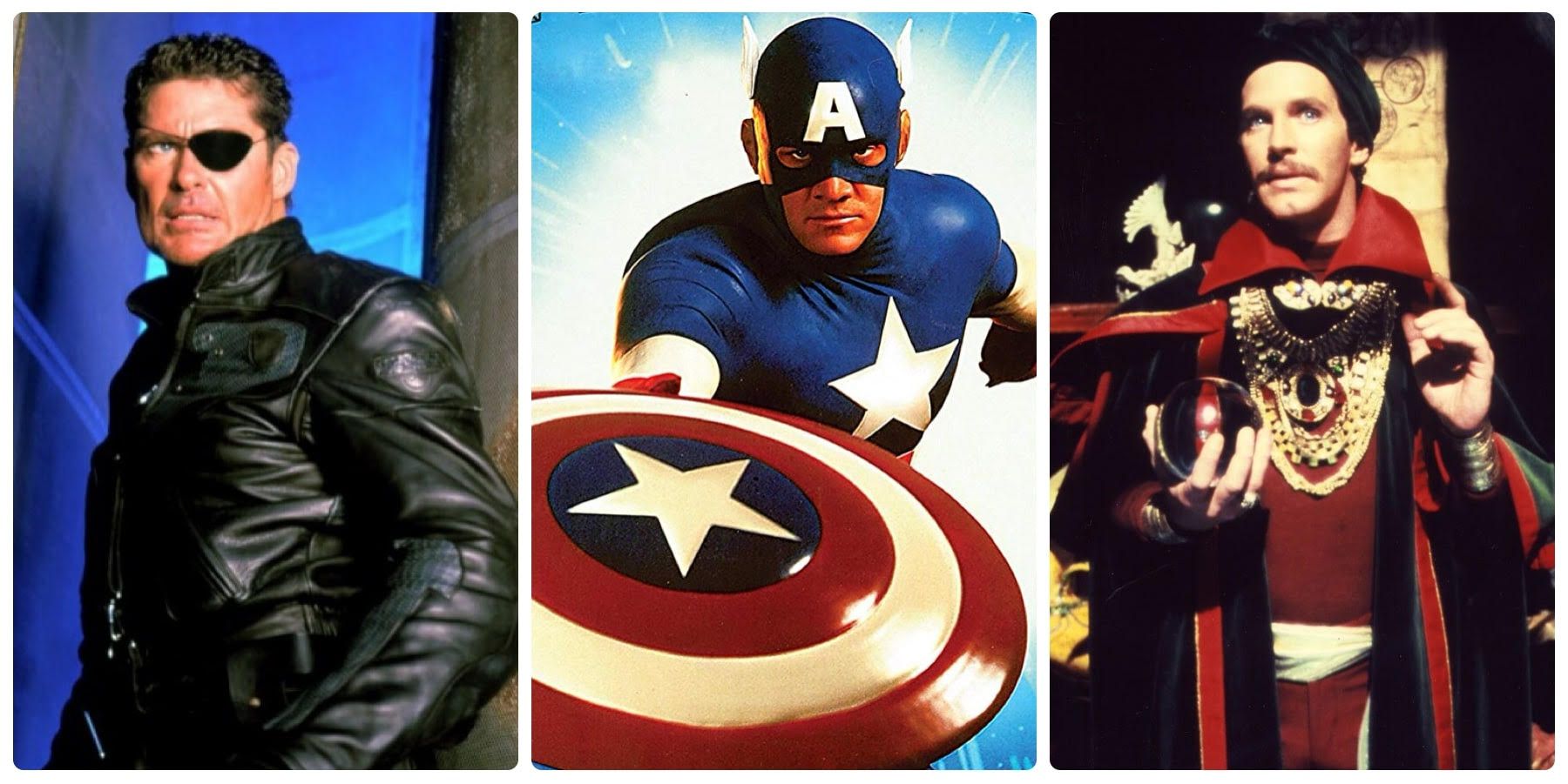 David Hasslehoff as Nick Fury, Matt Salinger as Captain America, and Peter Hooten as Doctor Strange Header