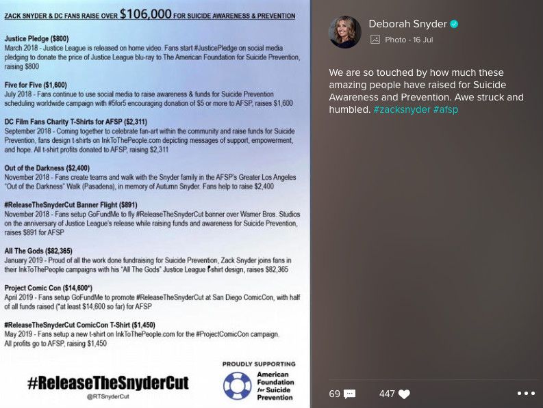 Deborah Snyder Vero Snyder Cut Suicide Prevention Post