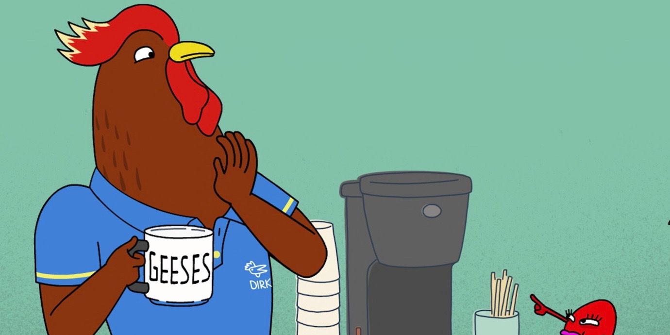 Dirk looking afraid while holding coffee in Tuca &amp; Bertie
