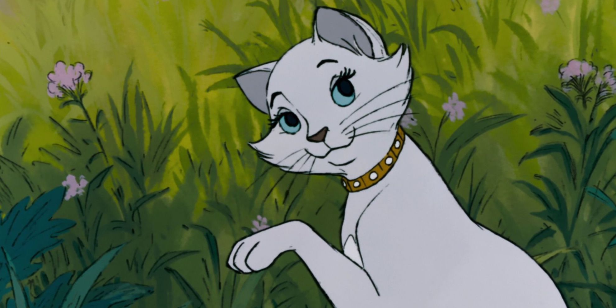 Duchess licking her paw in a scene from Aristocats