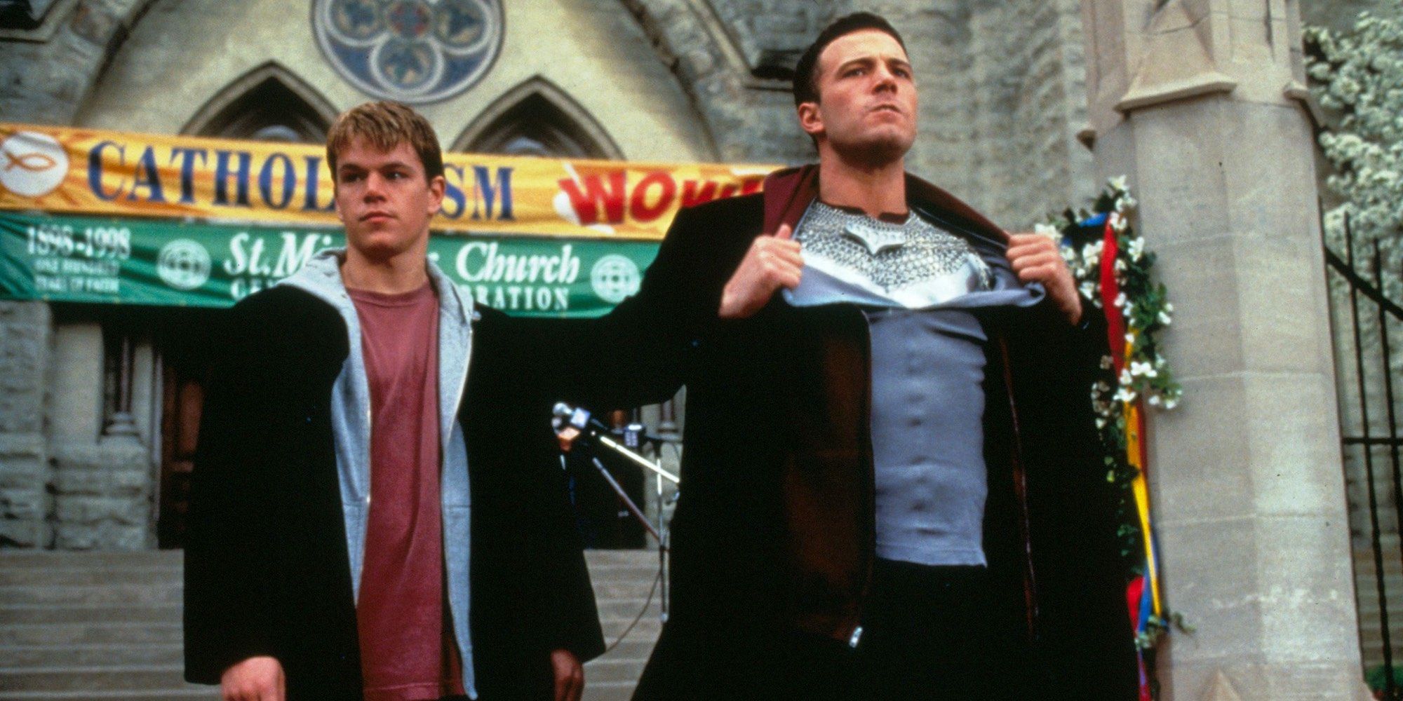 Matt Damon and Ben Affleck pose in front of a church in Dogma