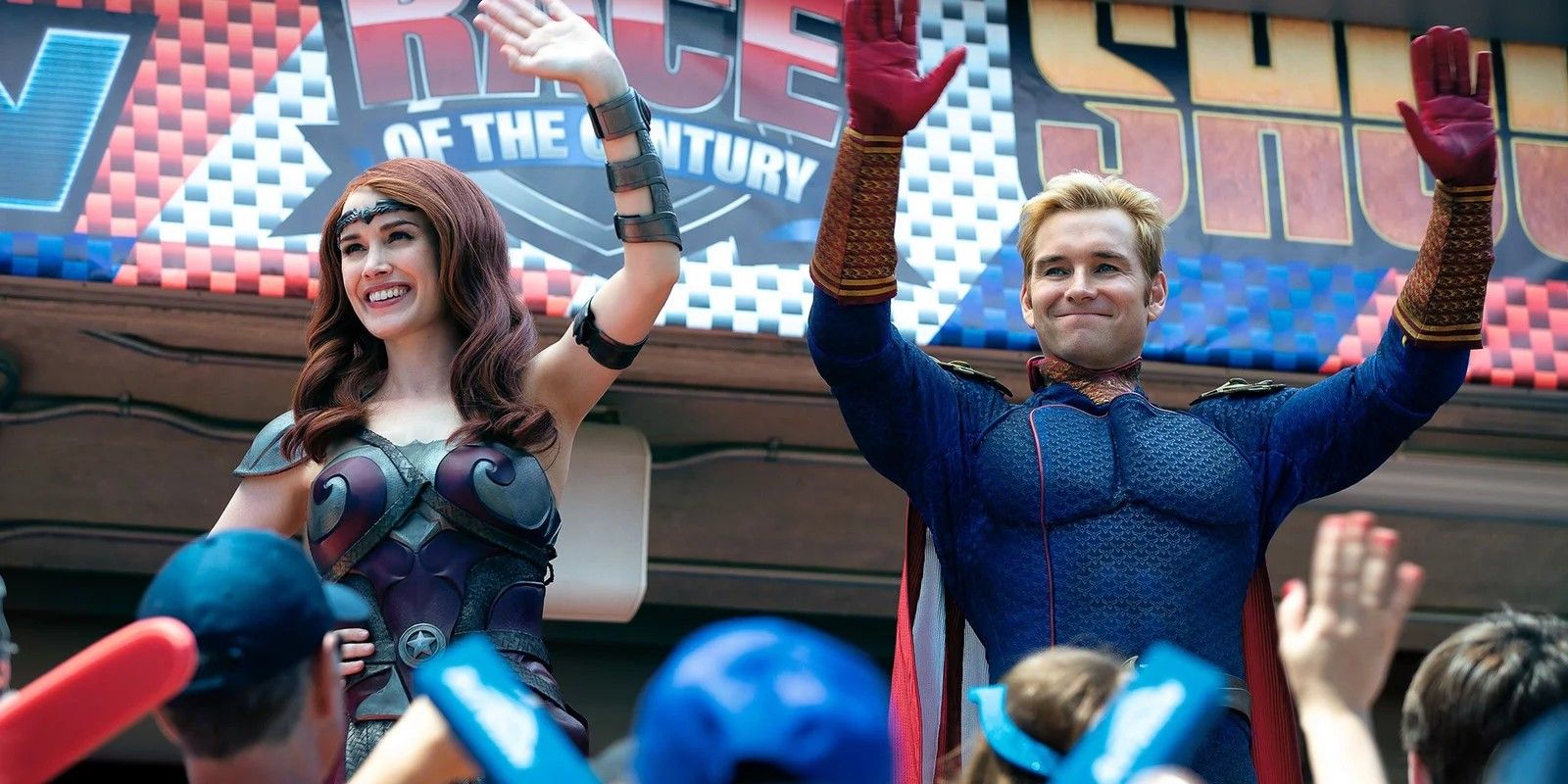 Dominique McElligott as Queen Maeve and Antony Starr as Homelander in The Boys