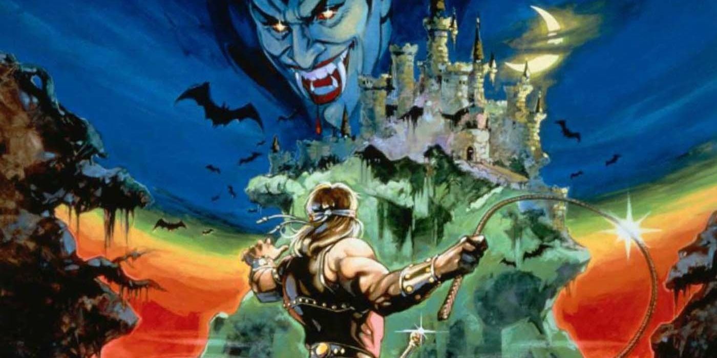 Cover art for Castlevania with Simon and Dracula standing in front of the castle